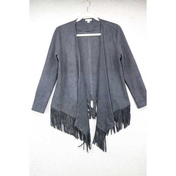 Timing Faux Suede Open Front Fringed Cardigan-Size Small-Boho-Goth - Picture 1 of 11